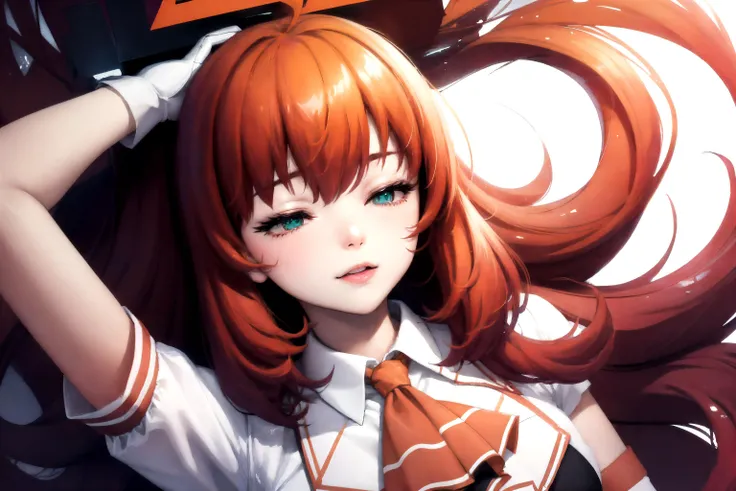 (detailed face and eyes:1.3),(1girl:1.2),Ultra-detail,(highres:1.1),best quality,(masterpiece:1.3),cinematic lighting, <lora:stadiachan-nvwls-v1:1> stadia-chan, huge ahoge, multicolored eyes, ascot, white shirt, orange skirt, white gloves, orange thighhighs, white shoes, <lora:ahetobleh-nvwls-v2:1> ahetobleh, from above, hands on own head, closed eyes, tongue, upper body,
