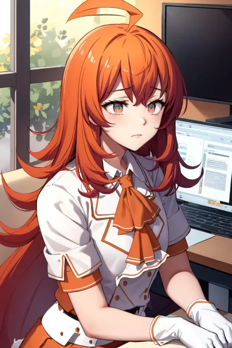 masterpiece, best quality, stadia-chan, huge ahoge, (multicolored eyes:1.2), ascot, white shirt, orange skirt, gloves, upper body, portrait, living room, computer, despair, depressed, tired <lora:stadiachan-nvwls-v1-final:0.9>