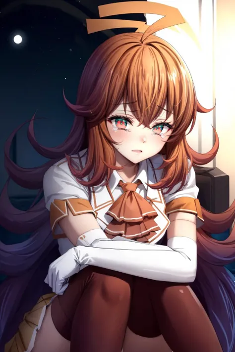 masterpiece, best quality, stadia-chan, huge ahoge, (multicolored eyes:1.6), ascot, white shirt, orange skirt, gloves, sitting, crying, tears running down face, close-up, sitting, night <lora:stadiachan-nvwls-v1:0.9>