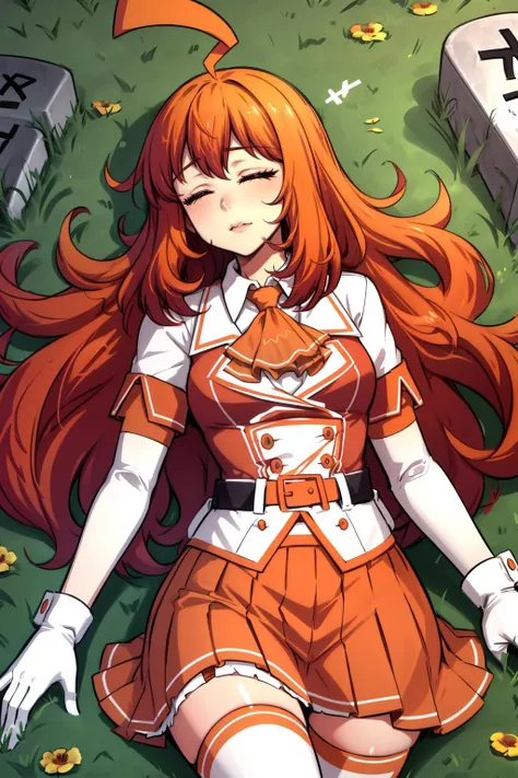 masterpiece, best quality, stadia-chan, huge ahoge, closed eyes, ascot, white shirt, orange skirt, white gloves, orange thighhighs, lying on the ground, hand to heart, dead, graveyard, tombstone <lora:stadiachan-nvwls-v1:0.9>