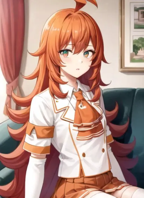 ((best quality)), ((highly detailed)), masterpiece, extremely detailed face, beautiful face, (detailed eyes, deep eyes), (1girl), upper body, <lora:stadiachan:.8>, stadia-chan, long hair, orange hair, huge ahoge, (multicolored eyes), ascot, white shirt, orange skirt, white gloves, orange thighhighs, white shoes, inside, in a living room, couch, TV
