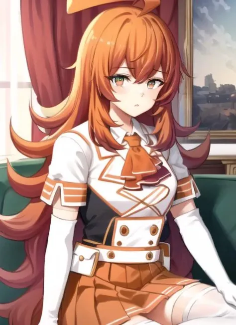 ((best quality)), ((highly detailed)), masterpiece, (detailed eyes, deep eyes), (1girl), upper body, <lora:stadiachan:1>, stadia-chan, long hair, orange hair, huge ahoge, (multicolored eyes), ascot, white shirt, orange skirt, white gloves, orange thighhighs, white shoes, inside, in a living room, couch, TV
