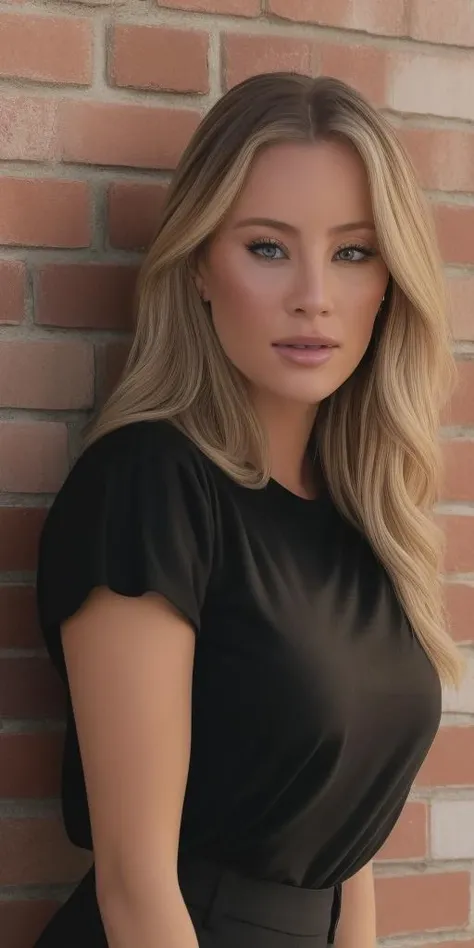 daisykeechlora wearing a black shirt, leaning against a wall, full body shot, looking at viewer, (high detailed skin:1.2), 8k uhd, dslr, soft lighting, high quality, film grain, Fujifilm XT3 <lora:daisykeechlora:1>