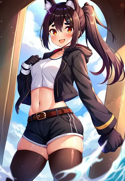 outdoors, lens flare, 1girl, :d, animal ears, ass, belt, black gloves, black jacket, black shorts, black thighhighs, brown hair, butt crack, by sy4, cowboy shot, crop top, fingerless gloves, floppy ears, hair ribbon, long hair, long sleeves, low ponytail, medium breasts, midriff, open clothes, open jacket, open mouth, red eyes, short shorts, leg, pantyhose, thighhighs, skindentation, smile, solo, standing, thick eyebrows, thighs, uneven gloves, virtual youtuber, white shirt