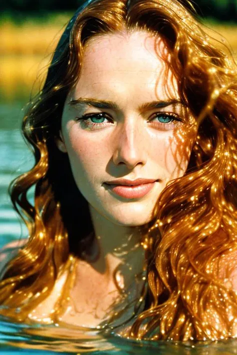 hyper realistic photograph of sks woman, highly detailed face, swimming in the river, Autumn, film grain, Kodak portra 800, f1.8, golden hour, <lyco:lenaHeadey_v10:1.23>