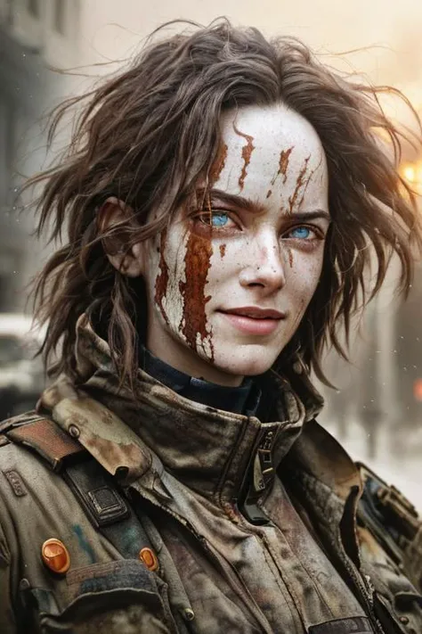 (masterpiece) high detailed RAW photo of a post apocalyptic sks woman, (detailed face, detailed eyes, clear skin, clear eyes), (realistic eyes:1.2) in tactical clothing, in a burning down cyberpunk city, art style, kodak portra 400, cinematic, (smiling:0.6), (closeup:0.8),
<lyco:lenaHeadey_v10:1>