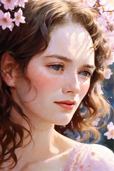 portrait of sks woman, romanticism oil painting, Paul Strand, cherry garcia, ice cream pink cherry blossoms, bright colours, feminism, illustration, by WLOP and Ruan Jia and Mandy Jurgens and William-Adolphe Bouguereau, Artgerm, <lyco:lenaHeadey_v10:1.23>