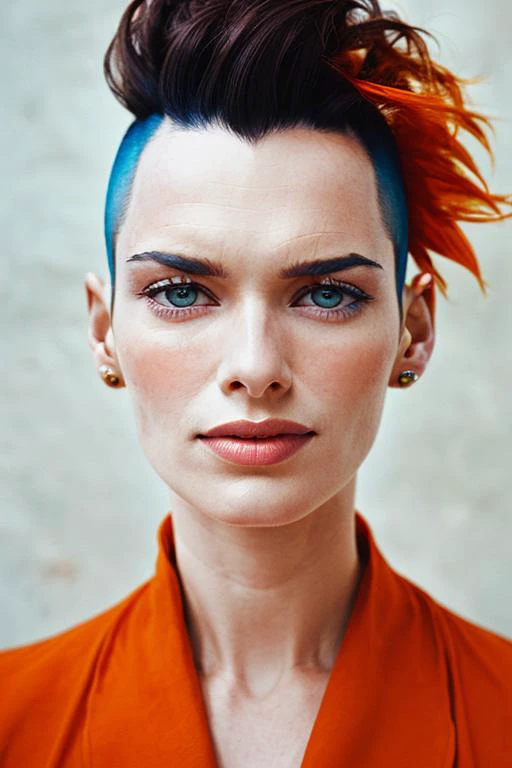 analog style, modelshoot style, portrait of sks woman by Flora Borsi, style by Flora Borsi, bold, bright colours, orange Mohawk haircut, ((Flora Borsi)), <lyco:lenaHeadey_v10:1.23>