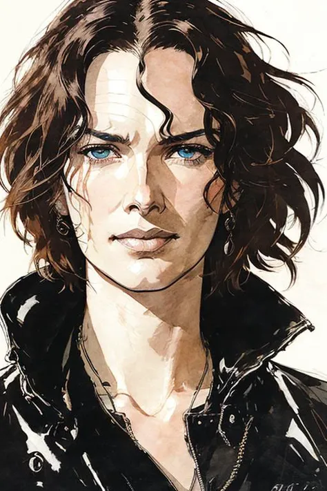 illustration of sks woman as thief in leather armor, smirk, beautiful detailed eyes, cinematic, drawn by Greg Rutkowski, (Yoji Shinkawa:0.6), vibrant colors, <lyco:lenaHeadey_v10:1.23>