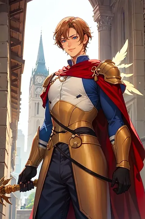 <lora:Oda_non_style_v01:0.9> cowboy shot,, ultra detailed, masterpiece, best quality, aesthetic, detailed,, solo, smile, 1boy, blue eyes, medium blonde hair, parted bangs, hair intakes, male focus, muscular male,, armor, pauldrons, cuirass, gauntlets, waist cape, greaves, black bodysuit, surcoat, shoulder sash, wing shoulder armor, cape, pants,