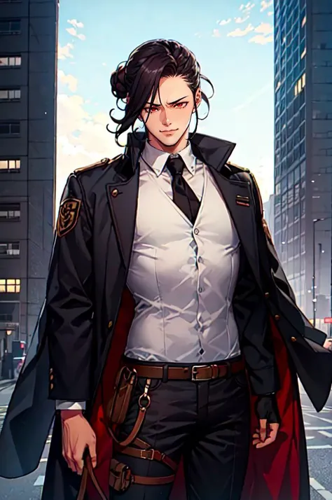 <lora:Oda_non_style_v01:0.9> cowboy shot,, ultra detailed, masterpiece, best quality, aesthetic, detailed,, solo, smug smile, 1boy, red eyes, <lora:Tsurime3:0.7>, (tsurime:1.2), black hair, undercut, top knot, parted bangs, long bangs, bangs, short hair, hair intakes, tall,, <lora:StS-Coat-and-Jacket-On-Shoulders-Iteration2:0.7> dataset, jacket on shoulders, (coat on shoulders:1.3), black coat, dress shirt, sleeves rolled up, fingerless gloves, holster, pants, belt, multiple belts, combat boots, bulletproof vest, tactical clothes,