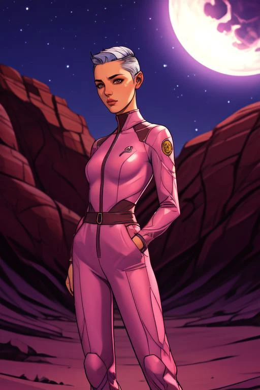 solo, 1girl, confident, silver hair, bronze eyes, pink jumpsuit, buzz cut, night, desert mountain, detailed background <lora:Oda_non_style_v01:1>
