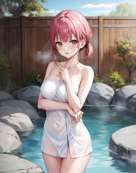 1girl, pink bob cut, wavy hair, idolmaster shiny colors, game cg, medium breasts steam censor, steam, convenient censoring, onsen, rock, partially submerged, nude, looking away, looking at viewer, cowboyt shot, masterpiece, best quality