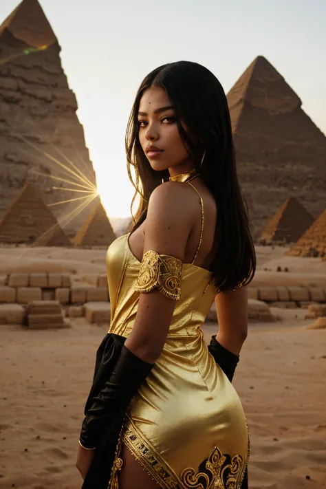 CINEMATIC SHOT, of slim and skinny DV_Develina_Vicious with abs in front of the (pyramids in Egypt:1.3), wearing the( black and golden goddess gown:1.4), Sun in the background, (burning sky:1.3), a halo effect, lights and shadows on her body, (lens flare:1.2), heresy flares (by Christopher Nolan:1.4)(35mm, F/2.8)((Photo Focus,( DOF, Aperture:1.1), Cinematic Color grading insanely detailed and intricate, character, hypermaximalist, elegant, (ornate:1.4), beautiful, exotic, revealing, appealing, attractive, amative, hyper realistic, super detailed, trending on flickr))