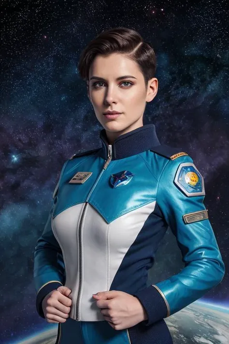 stunningly beautiful woman, short undercut iridescent hair, large breasts, cinematic still, smirk, heroic pose, space backdrop, sci-fi uniform, open jacket