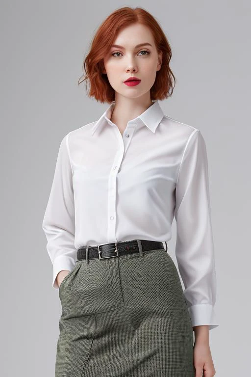 intrigued adult businesswoman, raised eyebrow, coy smile BREAK white professional buttoned blouse, see-through, no bra, (pointed nipples:0.4) BREAK nordic features, redhead, green eyes, lipstick, short wavy hair, formal belt