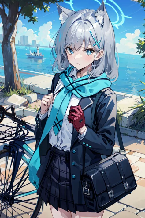(masterpiece:1.2), best quality,PIXIV,Shiroko,
1girl, shiroko (blue archive), solo, animal ears, skirt, bicycle, gloves, scarf, blue eyes, outdoors, bag, green gloves, animal ear fluff, plaid skirt, jacket, looking at viewer, shirt, white shirt, hair ornament, grey hair, blue scarf, extra ears, plaid, ground vehicle, halo, pleated skirt, school uniform, long sleeves, open clothes, school bag, necktie, bangs, open jacket, closed mouth, day, blush, shoulder bag, blue jacket, own hands together, blazer, cross hair ornament, cat ears, cowboy shot, medium hair, tree, sky, blue necktie, pavement, mismatched pupils, shirt tucked in, black skirt, standing
<lora:Shiroko-000018:1>