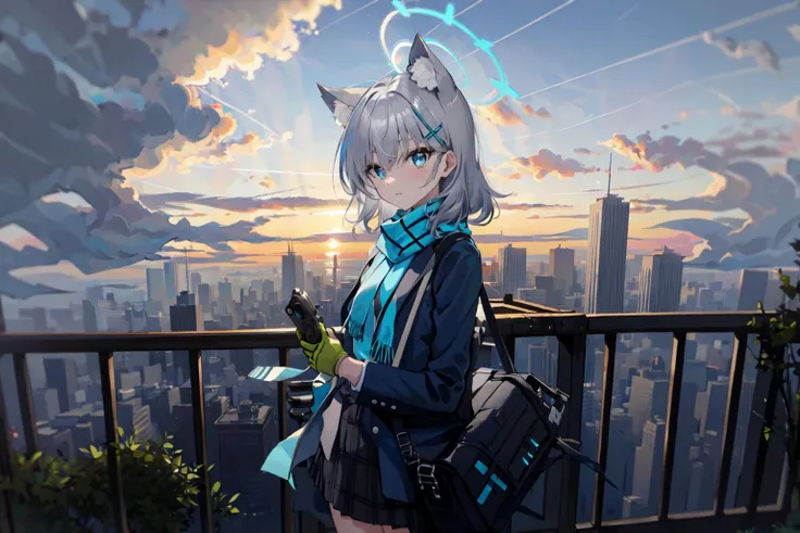 (masterpiece:1.2), best quality,PIXIV,Shiroko,
1girl, shiroko (blue archive), weapon, rifle, animal ears, gun, solo, assault rifle, scarf, gloves, blue eyes, outdoors, halo, sig sauer, jacket, hair ornament, looking at viewer, green gloves, cityscape, animal ear fluff, cloud, skirt, sky, blue scarf, open clothes, grey hair, school uniform, shirt, white shirt, city, mismatched pupils, long sleeves, bangs, necktie, cross hair ornament, blazer, open jacket, single glove, plaid, bag, extra ears, building, cloudy sky, scenery, skyline, closed mouth, holding, medium hair, railing, plaid skirt, blue necktie, striped scarf, pleated skirt, wolf ears
 <lora:Shiroko-000016:1>