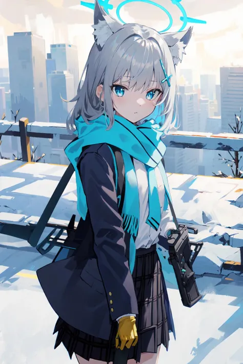 (masterpiece:1.2), best quality,PIXIV,Shiroko white,
1girl, shiroko (blue archive), animal ears, scarf, blue eyes, weapon, solo, halo, gloves, assault rifle, gun, school uniform, skirt, bag, grey hair, hair ornament, blue scarf, sig sauer, rifle, animal ear fluff, jacket, id card, green gloves, mismatched pupils, school bag, plaid skirt, looking at viewer, cross hair ornament, yellow gloves, wolf ears
<lora:Shiroko-000016:1>