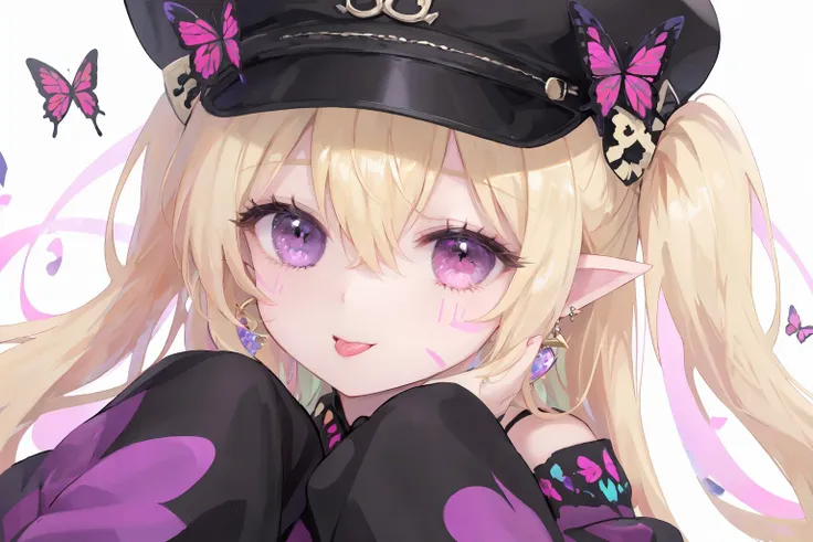 1girl,blonde hair,solo,butterfly,tongue,bug,tongue out,pointy ears,looking at viewer,heterochromia,sleeves past fingers,hair between eyes,portrait,sleeves past wrists,hair ornament,long hair,bangs,butterfly hair ornament,earrings,jewelry,multicolored eyes,:p,pink eyes,black headwear,smile,red eyes,purple eyes,hat,facial mark,