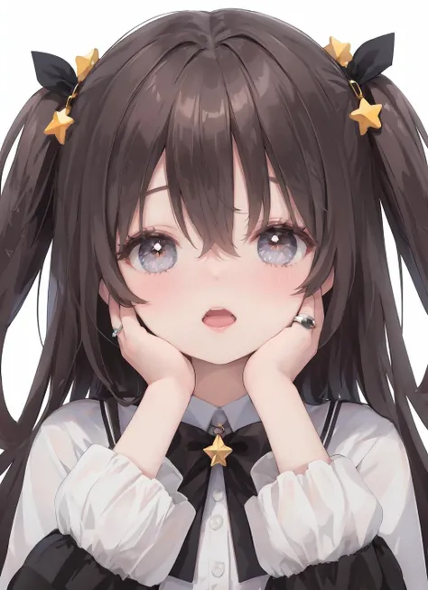 1girl, solo, brown hair, blush, bow, white background, looking at viewer, hands on own face, black nails, long hair, hair bow, ring, jewelry, nail polish, hair between eyes, two side up, bangs, portrait, star (symbol), simple background, open mouth, symbol-shaped pupils, wavy mouth, hands on own cheeks, striped bow, black bow, long sleeves