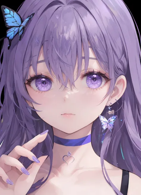 1girl,butterfly,solo,bug,choker,purple eyes,earrings,looking at viewer,jewelry,bangs,long hair,portrait,hair between eyes,blue butterfly,collarbone,nail polish,butterfly on hand,closed mouth,multicolored hair,purple nails,close-up,eyelashes,blue choker,purple hair,white choker,hy-style,beautiful eyes,