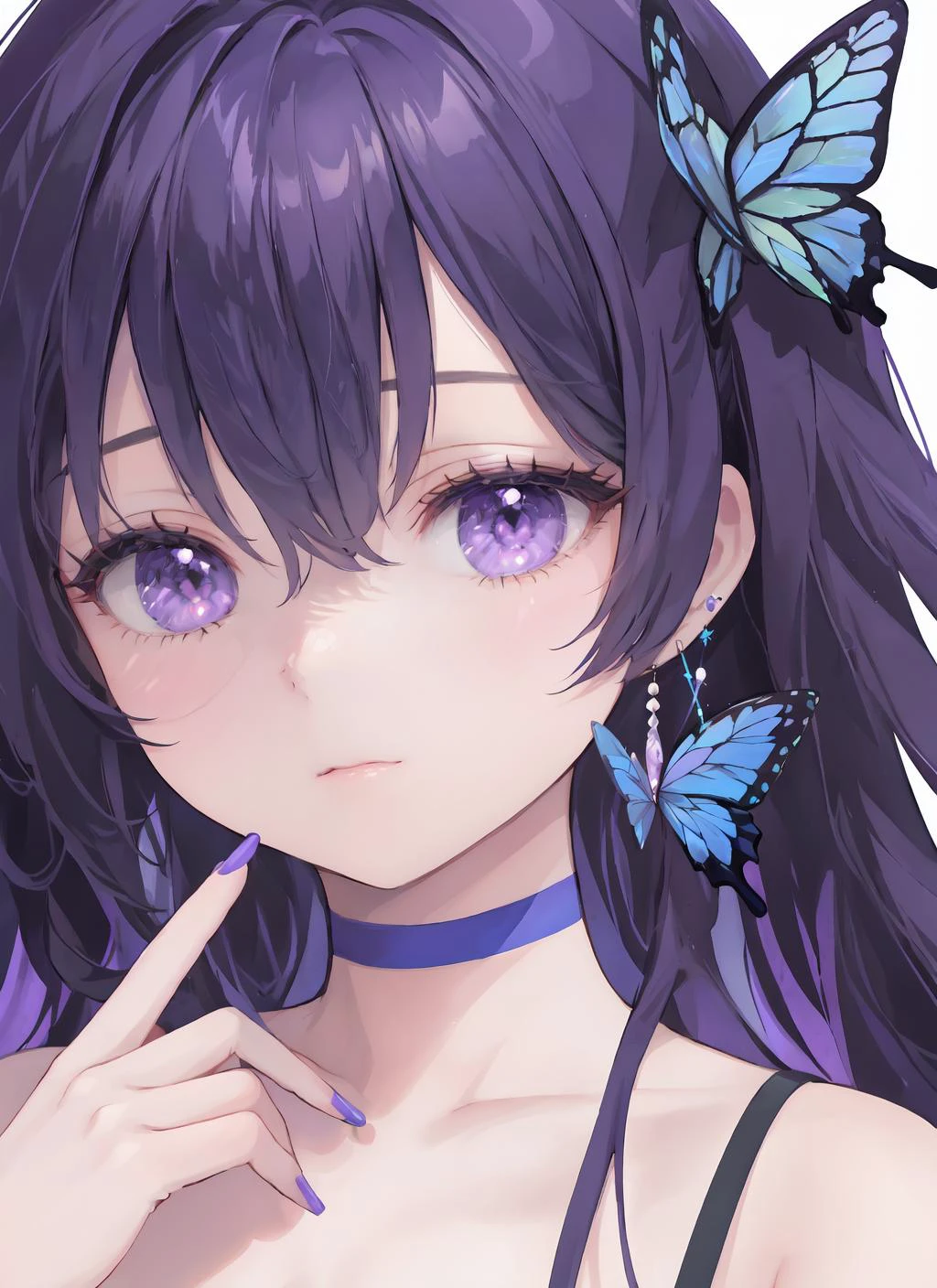 1girl,butterfly,solo,bug,choker,purple eyes,earrings,looking at viewer,jewelry,bangs,long hair,portrait,hair between eyes,blue butterfly,collarbone,nail polish,butterfly on hand,closed mouth,multicolored hair,purple nails,close-up,eyelashes,blue choker,purple hair,white choker,hy-style,beautiful eyes,raise hand,