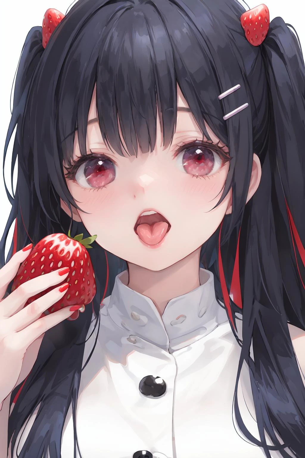 1girl, solo, tongue, red eyes, food, hair ornament, fruit, open mouth, looking at viewer, blush, tongue out, bangs, holding, teeth, hairclip, blue hair, portrait, holding food, strawberry, long hair, white background, simple background, black hair, holding fruit, upper teeth only, multicolored hair, close-up, hand upï¼Extra long tongue