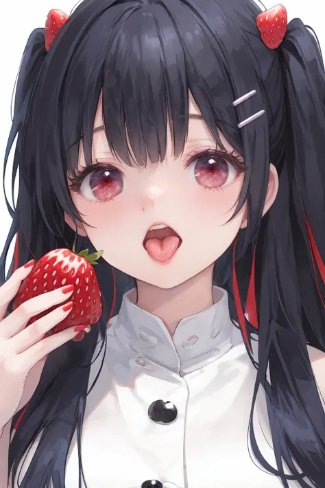 1girl, solo, tongue, red eyes, food, hair ornament, fruit, open mouth, looking at viewer, blush, tongue out, bangs, holding, teeth, hairclip, blue hair, portrait, holding food, strawberry, long hair, white background, simple background, black hair, holding fruit, upper teeth only, multicolored hair, close-up, hand upï¼Extra long tongue