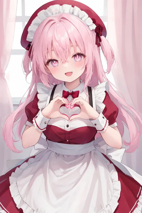 1girl, heart, solo, heart hands, pink hair, hat, long hair, symbol-shaped pupils, dress, open mouth, window, apron, heart-shaped pupils, smile, looking at viewer, red dress, mob cap, curtains, frills, wrist cuffs, fang, short sleeves, indoors, :d, ribbon, blush, pink dress, hair between eyes, bangs, maid