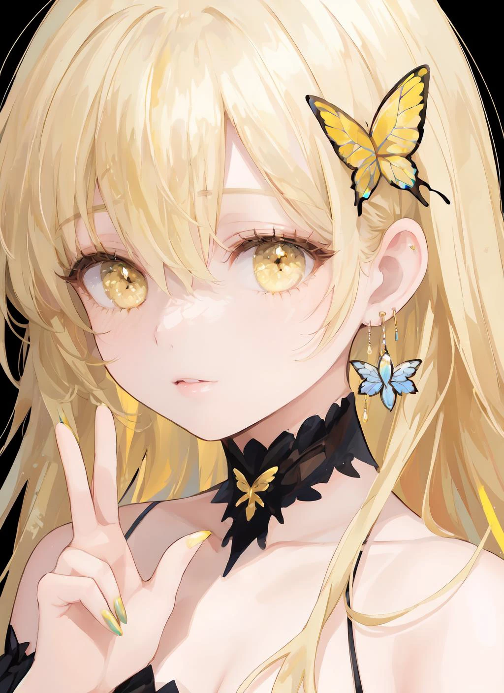 1girl,solo,blonde hair,yellow eyes,yellow nails,long hair,jewelry,earrings,looking at viewer,gem,bangs,bug,flower,butterfly,hair between eyes,black background,bare shoulders,portrait,upper body,eyelashes,hy-style,beautiful eyes,victory sign,