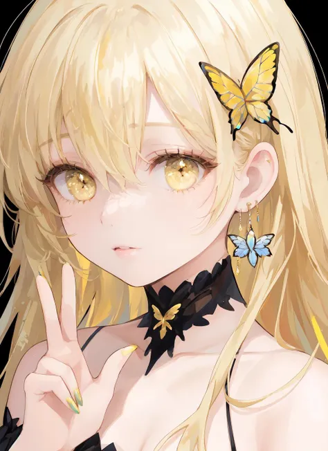 1girl,solo,blonde hair,yellow eyes,yellow nails,long hair,jewelry,earrings,looking at viewer,gem,bangs,bug,flower,butterfly,hair between eyes,black background,bare shoulders,portrait,upper body,eyelashes,hy-style,beautiful eyes,victory sign,