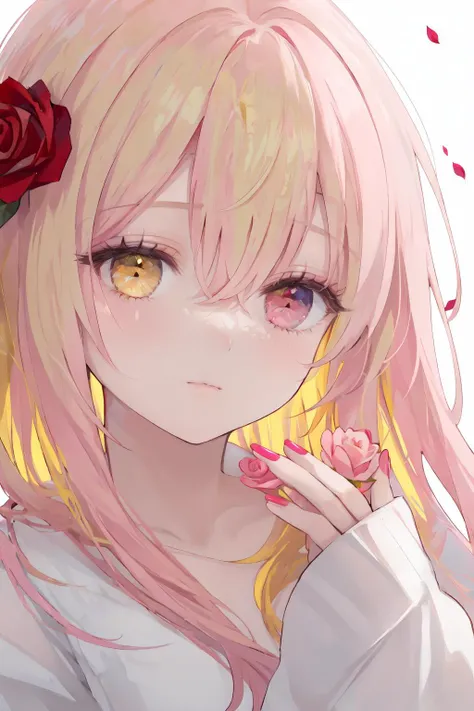 1girl,solo,blonde hair,flower,rose,red flower,looking at viewer,heterochromia,thorns,red rose,hair ornament,hair flower,red eyes,petals,long hair,portrait,bangs,yellow eyes,hair between eyes,nail polish,closed mouth,white background,multicolored eyes,rose petals,vines,sleeves past wrists,pink hair,close-up,