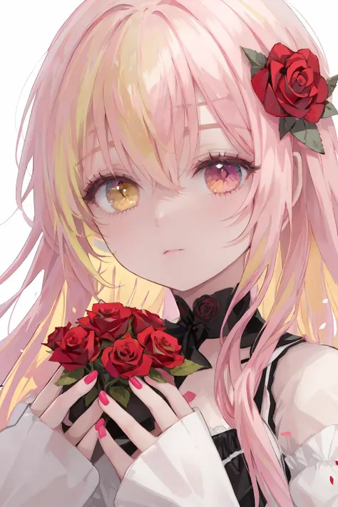 1girl,solo,blonde hair,flower,rose,red flower,looking at viewer,heterochromia,thorns,red rose,hair ornament,hair flower,red eyes,petals,long hair,portrait,bangs,yellow eyes,hair between eyes,nail polish,closed mouth,white background,multicolored eyes,rose petals,vines,sleeves past wrists,pink hair,close-up,