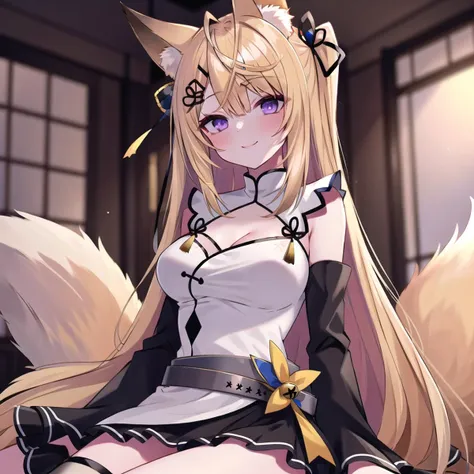 (masterpiece, best quality:1.2), nsfw, girl, 1girl, solo, kokuri, 1girl, solo, purple eyes, ahoge, brown blonde long hair, hair ornament, hair bell, hair ribbon, hairclip, white chinese clothes, cleavage, cleavage cutout, black frilled skirt, detached frilled black sleeves, fox girl, fox ears, gray belt, BREAK
(lap pillow invitation, reaching towards viewer, reaching), sitting, blush, smile,  indoor,   <lora:Kokuri_23:0.8>