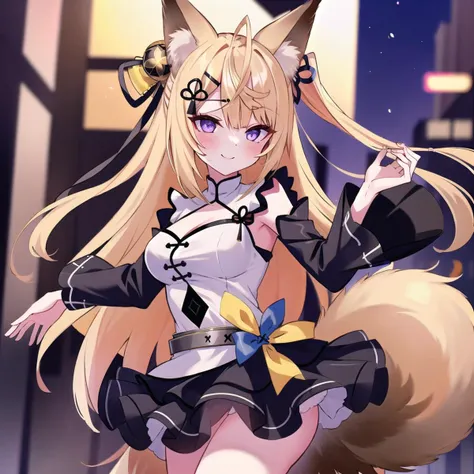 (masterpiece, best quality:1.2), nsfw, girl, 1girl, solo, kokuri, 1girl, solo, purple eyes, ahoge, brown blonde long hair, hair ornament, hair bell, hair ribbon, hairclip, white chinese clothes, cleavage, cleavage cutout, black frilled skirt, detached frilled black sleeves, fox girl, fox ears, gray belt, BREAK
dancing, outdoor, tokyo street, skyscrapers, blush, smile,    <lora:Kokuri_23:0.8>