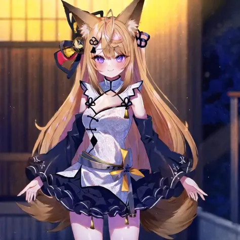 (masterpiece, best quality:1.2), (game cg),  girl, 1girl, solo, (kokuri), purple eyes, (detailed white chinese clothes:1.2), cleavage cutout, fox ears, animal ear fluff, brown blonde very long hair, bangs, ahoge, hair ribbon, hair bell, bare shoulders, detached long black frilled sleeves, frilled black skirt, belt,  BREAK
standing, dancing, smile, blush, looking at viewer, outdoor, tokyo street, <lora:Kokuri_10:1>