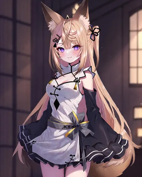 (masterpiece, best quality:1.2), girl, 1girl, solo, kokuri, purple eyes, white chinese clothes, cleavage cutout, fox ears, animal ear fluff, brown blonde very long hair, bangs, ahoge, hair ribbon, hair bell, bare shoulders, detached long black frilled sleeves, frilled black skirt, belt, smile, blush, indoor, cozy bedroom, <lora:Kokuri_10:1>