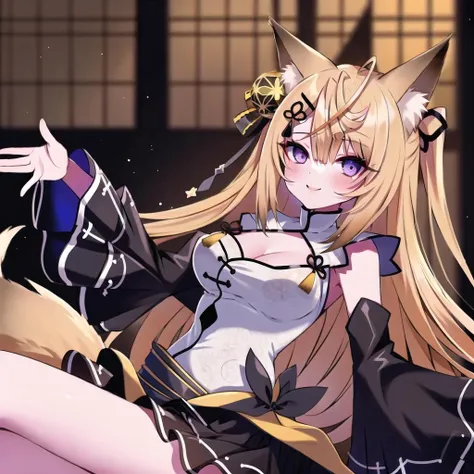 (masterpiece, best quality:1.2), nsfw, girl, 1girl, solo, kokuri, 1girl, solo, purple eyes, ahoge, brown blonde long hair, hair ornament, hair bell, hair ribbon, hairclip, white chinese clothes, cleavage, cleavage cutout, black frilled skirt, detached frilled black sleeves, fox girl, fox ears, gray belt, BREAK
(lap pillow invitation, outstretched arm), sitting, blush, smile, mimikaki, holding, indoor,   <lora:Kokuri_23:1>