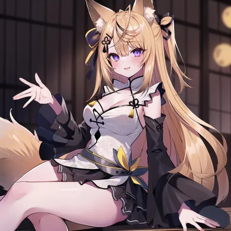 (masterpiece, best quality:1.2), nsfw, girl, 1girl, solo, kokuri, 1girl, solo, purple eyes, ahoge, brown blonde long hair, hair ornament, hair bell, hair ribbon, hairclip, white chinese clothes, cleavage, cleavage cutout, black frilled skirt, detached frilled black sleeves, fox girl, fox ears, gray belt, BREAK
(lap pillow invitation, outstretched arm), sitting, blush, smile, mimikaki, holding, indoor,   <lora:Kokuri_23:0.9>