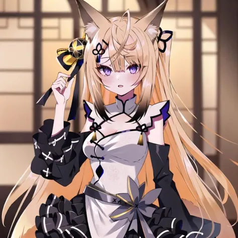 (masterpiece, best quality:1.2), nsfw, girl, 1girl, solo, kokuri, 1girl, solo, purple eyes, ahoge, brown blonde long hair, hair ornament, hair bell, hair ribbon, hairclip, white chinese clothes, cleavage, cleavage cutout, black frilled skirt, detached frilled black sleeves, fox girl, fox ears, gray belt,  <lora:Kokuri_23:1>   kokuri, purple eyes, brown blonde long hair, ahoge, hair ornament, hair bell, hair ribbon, hair clip, white chinese clothes, cleavage, cleavage cutout, black frilled skirt, detached frilled black sleeves, fox ears, fox girl, gray belt