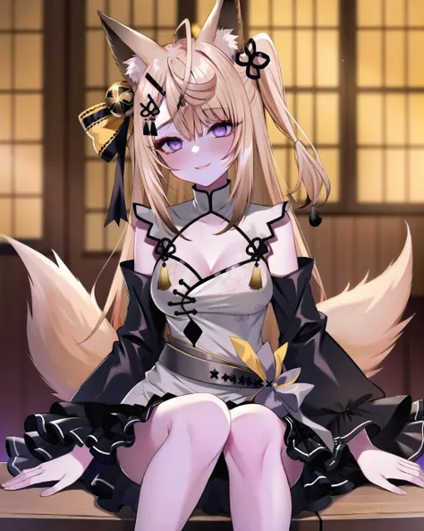 (masterpiece, best quality:1.2), girl, 1girl, solo, kokuri, 1girl, solo, purple eyes, ahoge, brown blonde long hair, hair ornament, hair bell, hair ribbon, hairclip, white chinese clothes, cleavage, cleavage cutout, black frilled skirt, detached frilled black sleeves, fox girl, fox ears, gray belt, BREAK
sitting, onsen, hot springs, warm night lights, smile, blush, aroused, <lora:Kokuri_22:1>