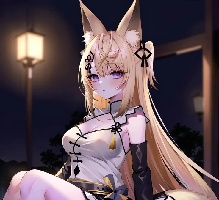 (masterpiece, best quality:1.2), girl, 1girl, solo, kokuri, 1girl, solo, purple eyes, ahoge, brown blonde long hair, hair ornament, hair bell, hair ribbon, hairclip, white chinese clothes, cleavage, cleavage cutout, black frilled skirt, detached frilled black sleeves, fox girl, fox ears, gray belt, BREAK
sitting, lap pillow invitation, onsen, hot springs, warm night lights, <lora:Kokuri_22:1>