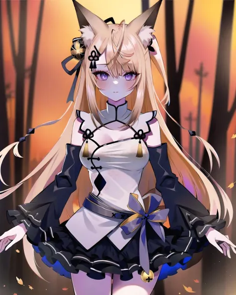 (masterpiece, best quality:1.2), girl, 1girl, solo, kokuri, 1girl, solo, purple eyes, ahoge, brown blonde long hair, hair ornament, hair bell, hair ribbon, hairclip, white chinese clothes, cleavage, cleavage cutout, black frilled skirt, detached frilled black sleeves, fox girl, fox ears, gray belt, BREAK
dancing, autumn forest, autumn leaves, outdoor, daylight, <lora:Kokuri_22:1>