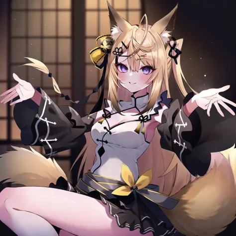 (masterpiece, best quality:1.2), nsfw, girl, 1girl, solo, kokuri, 1girl, solo, purple eyes, ahoge, brown blonde long hair, hair ornament, hair bell, hair ribbon, hairclip, white chinese clothes, cleavage, cleavage cutout, black frilled skirt, detached frilled black sleeves, fox girl, fox ears, gray belt, BREAK
(lap pillow invitation, outstretched arm), sitting, blush, smile, mimikaki, holding, indoor,   <lora:Kokuri_23:1>