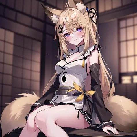 (masterpiece, best quality:1.2), nsfw, girl, 1girl, solo, kokuri, 1girl, solo, purple eyes, ahoge, brown blonde long hair, hair ornament, hair bell, hair ribbon, hairclip, white chinese clothes, cleavage, cleavage cutout, black frilled skirt, detached frilled black sleeves, fox girl, fox ears, gray belt, BREAK
(lap pillow invitation, reaching towards viewer, reaching), sitting, blush, smile,  indoor,   <lora:Kokuri_23:0.9>