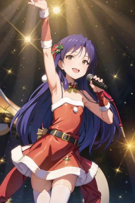absurdres, highres, masterpiece, best quality, sparkle, light particles,
chihaya kisaragi, dark blue hair, long hair, skinny, flat chest, thin legs, looking at viewer, smile, singing, holding microphone, solo,
(santa_outfit:1.3), belt, white thighhighs, red long gloves,
on stage,
<lora:chihaya-idolmaster:0.9>,<lora:santa_outfit:0.4>
