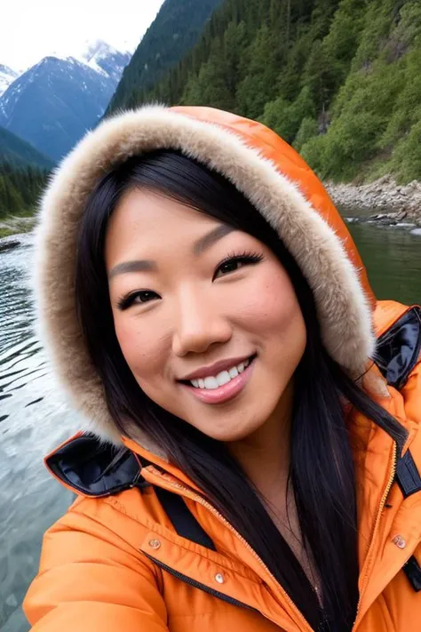 ((selfie)) photo of hiromios, smiling, outdoors, mountains, wearing a backpack, , and wearing a parka, rocks, river, wood, analog style (look at viewer:1.2) (skin texture), close up, cinematic light, sidelighting, Fujiflim XT3, DSLR, 50mm