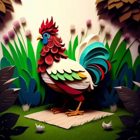 a (papercarvingcd, paper) rooster, standing on lawn, (solo:1.2), <lora:papercarvingcd-000004:0.8>, no humans, high quality, masterpiece, realistic, photorealistic, (outdoors, lawn)