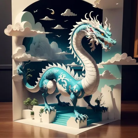 a (papercarvingcd, paper sculpture) chinese dragon, blue sky and white clouds, (solo:1.2), <lora:papercarvingcd-000004:0.6>, no humans, high quality, masterpiece, realistic, photorealistic, (indoors, on table)